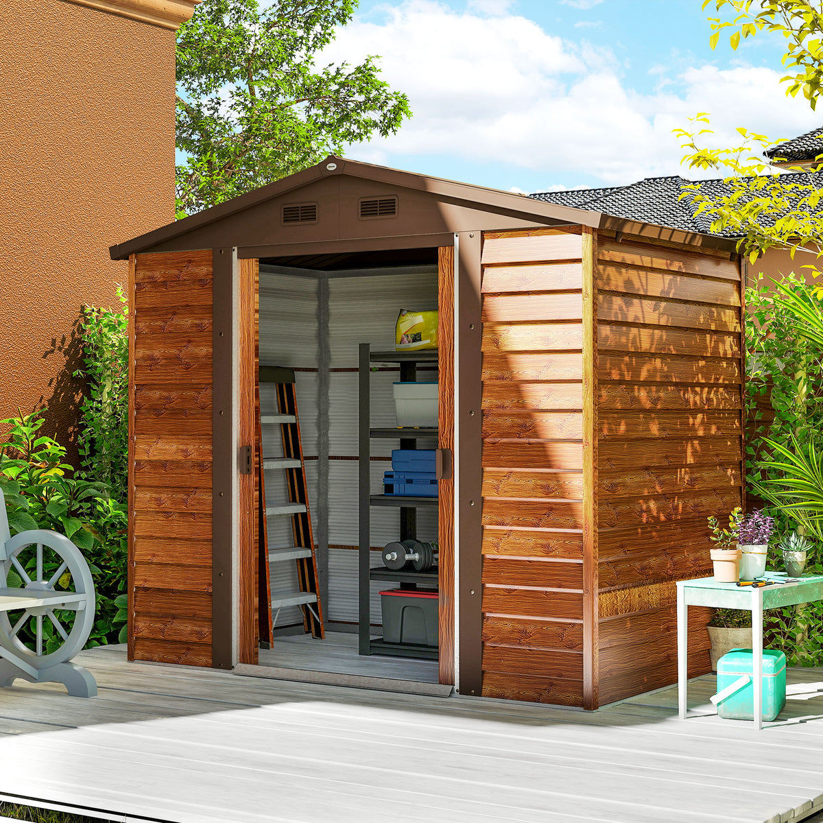 Garden shed, tool shed, garden house with window, weatherproof, wood look, steel, 152 x 235.7 x 208.7 cm, brown (2)