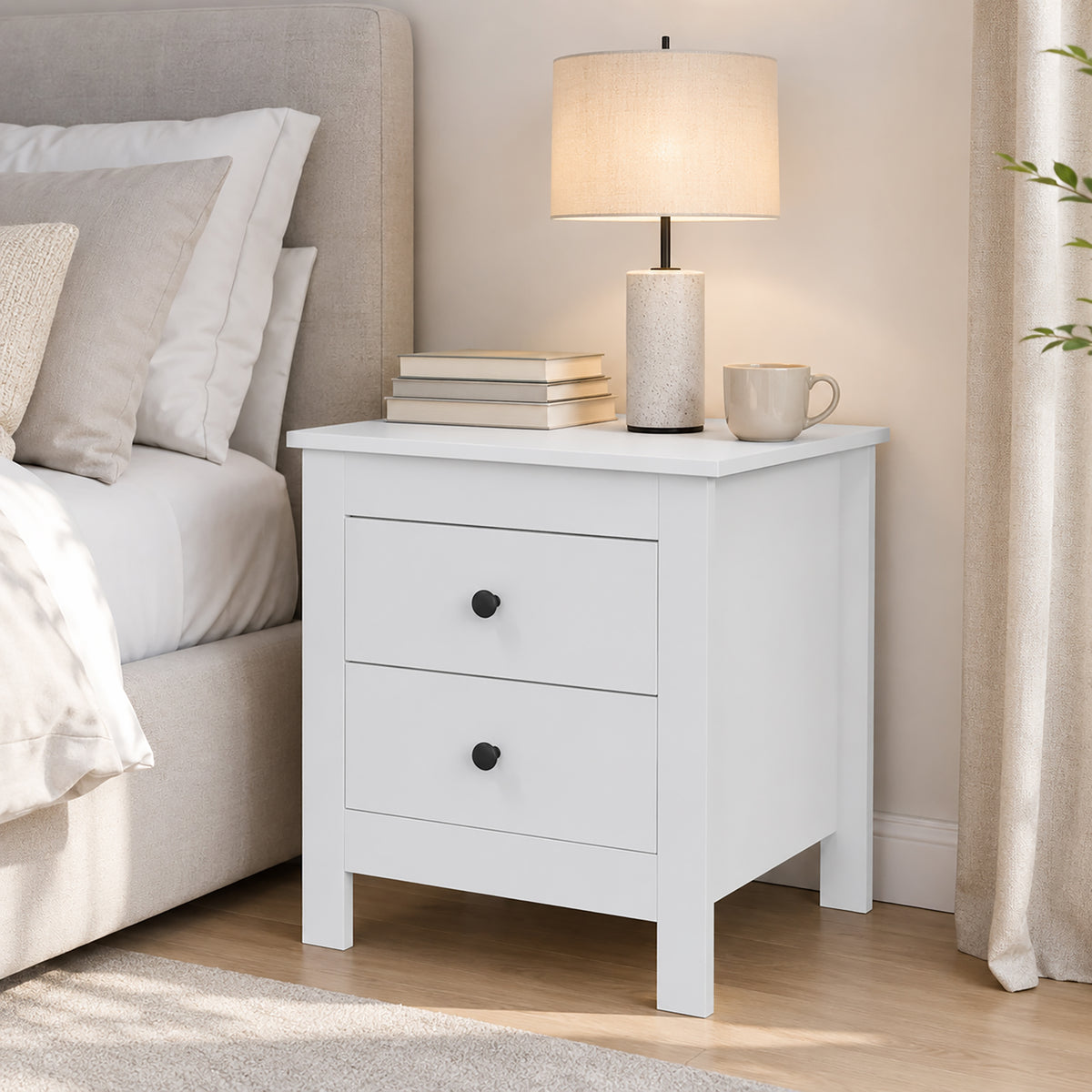 Modern nightstand with 2 drawers, side table with foot pads for the bedroom, white (2)