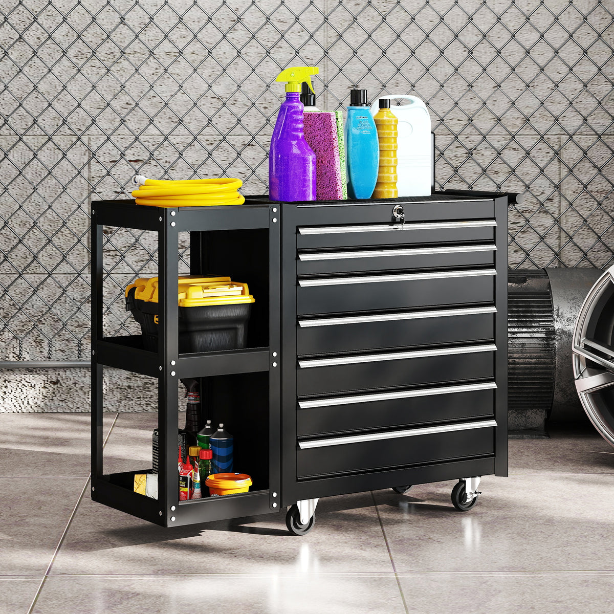 Workshop trolley tool trolley with 7 drawers, removable side shelf, 4 castors with parking brake, 96x33.5x75cm (2)