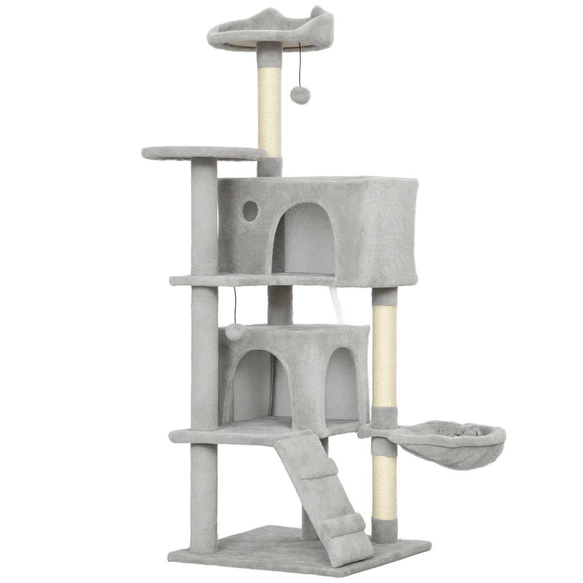 140 cm cat tree, multiple levels, sisal scratching posts, caves, plush platforms, hammock, ladder, play balls