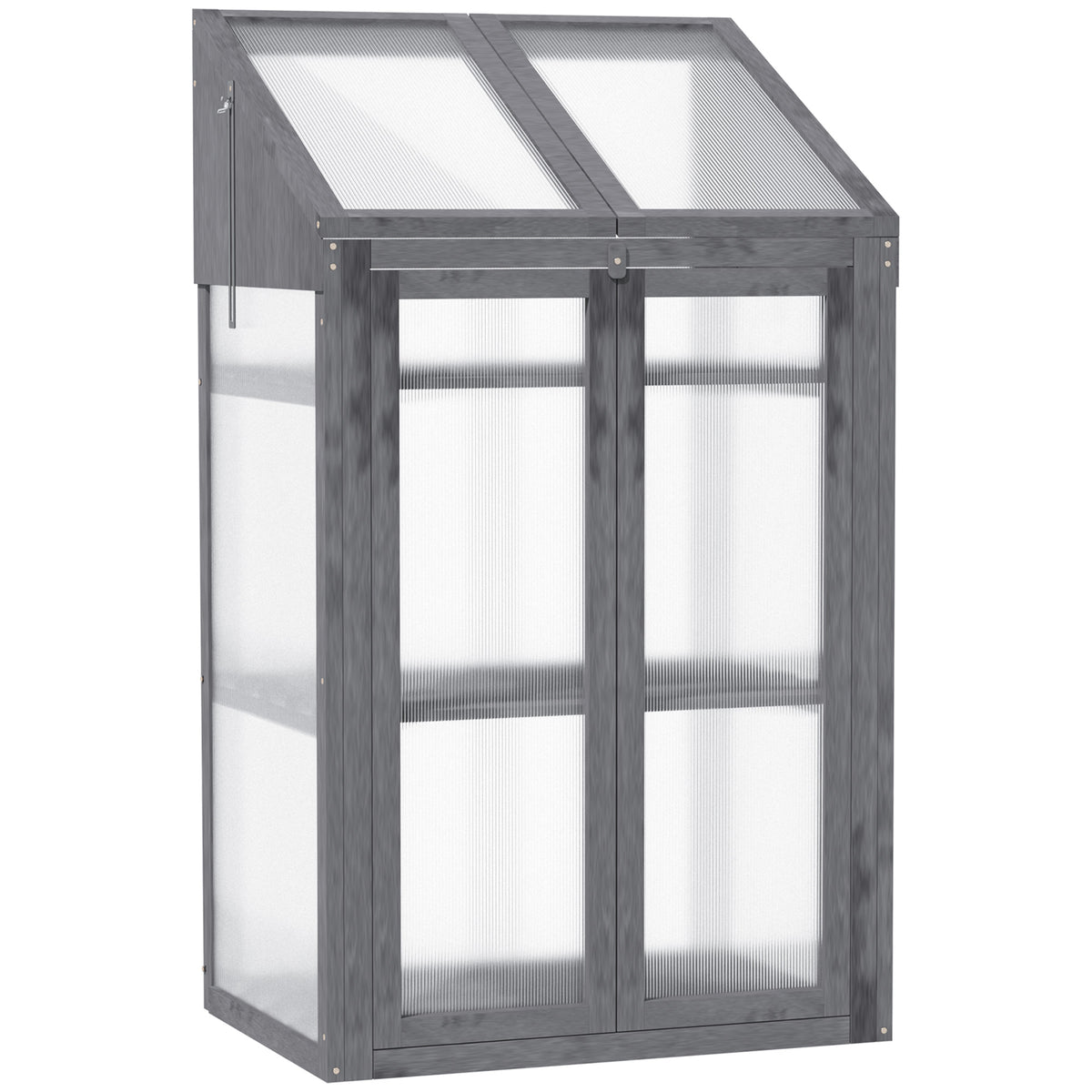 Mini greenhouse, small cold frame with wooden frame, window and double door, 3 shelves, 70L x 50W x 120H cm