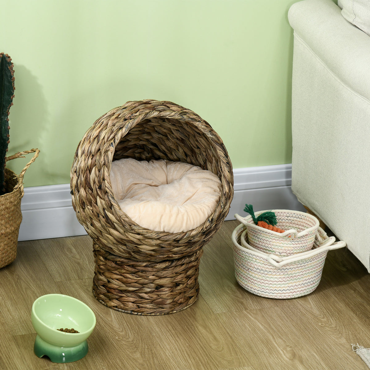 Rattan cat basket cat cave cat house cat bed with cushion pet bed water hyacinth coffee 40 x 37 x 51 cm (8)