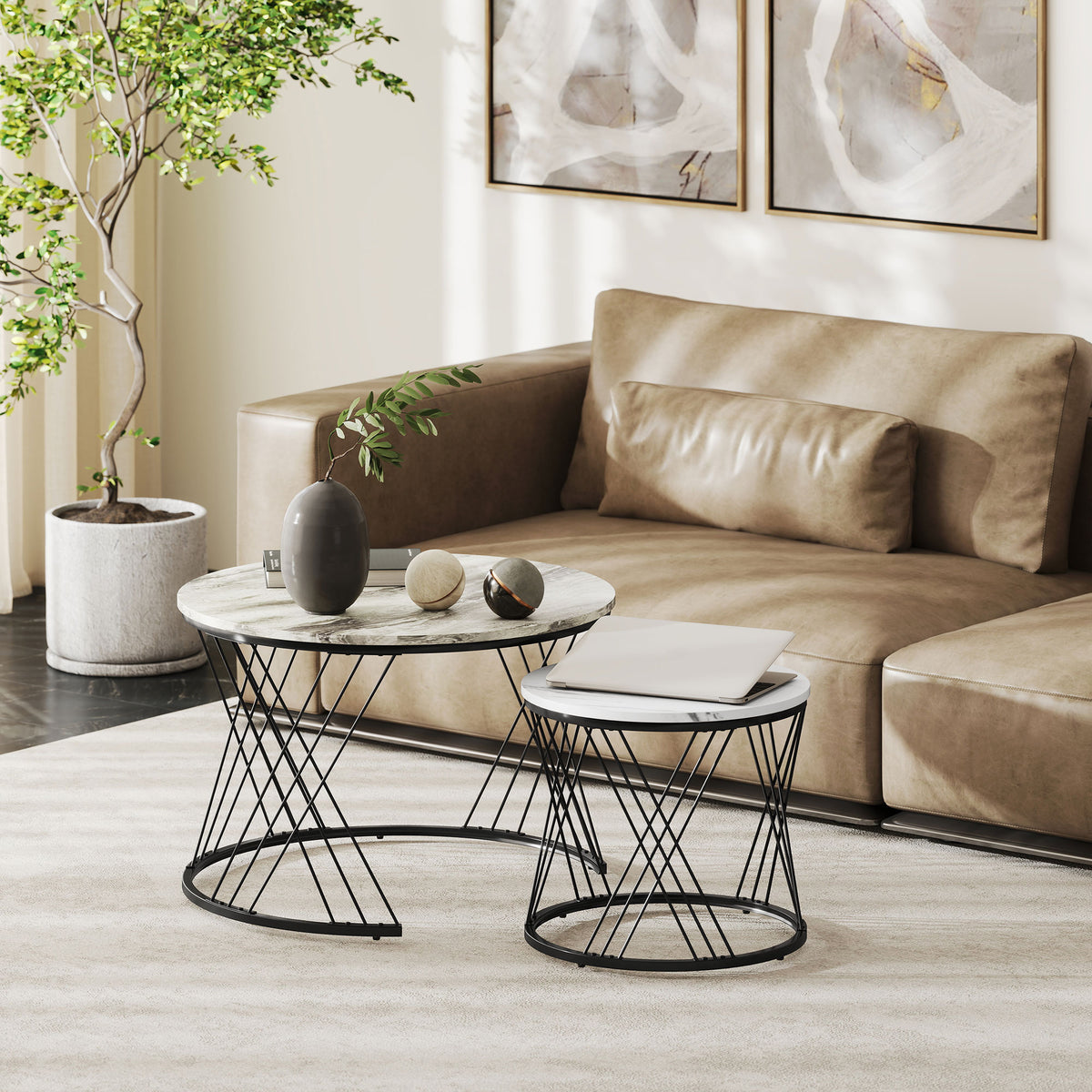 Coffee table set of 2, marble look, chipboard, metal, round coffee tables for living room, nesting, grey + white (2)