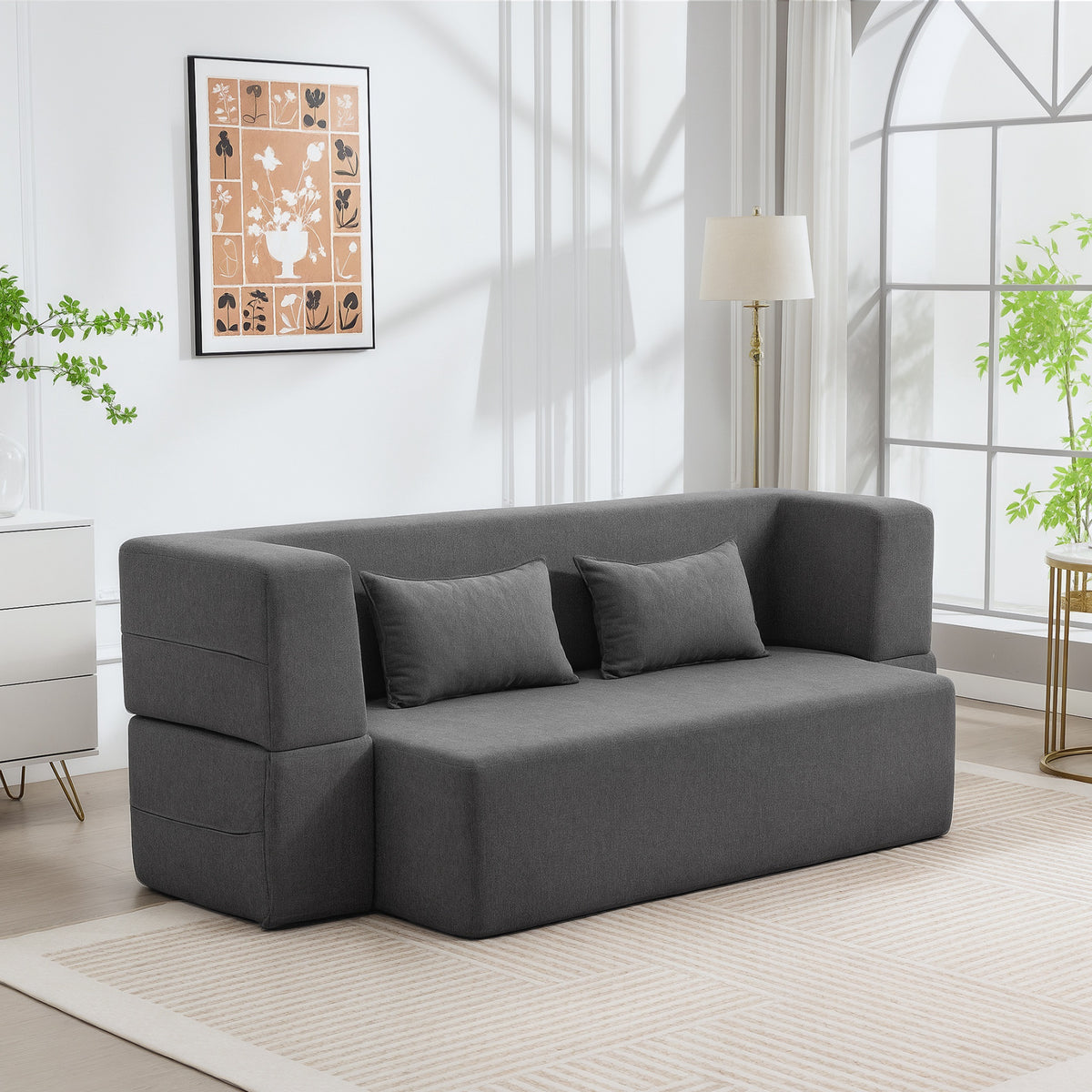 2-seater foam sleeper sofa, sofa bed with wide armrests, 2 cushions, 360 kg load capacity, grey (2)