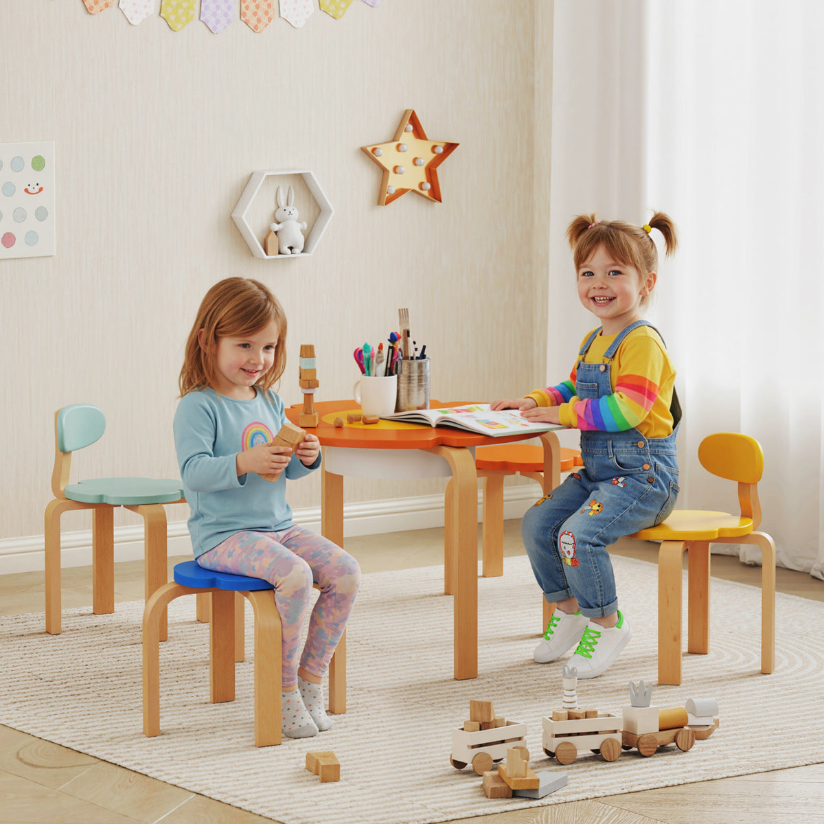 5-piece children's table and chair set, with storage bag, flower shape, for playroom, nursery, wood, colorful (2)