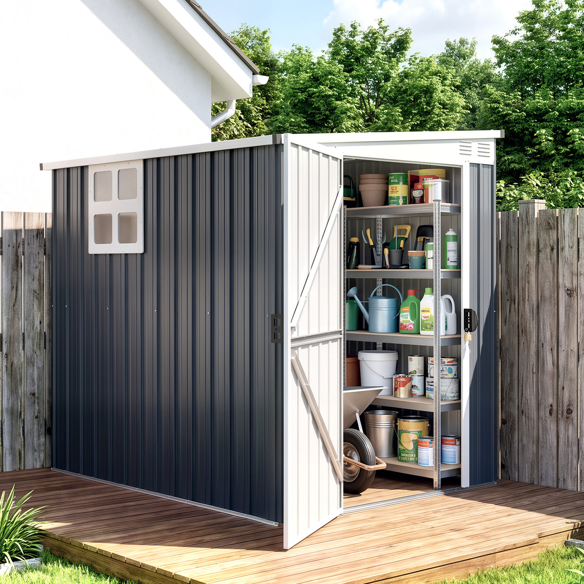 Garden storage shed, tool shed for garden equipment, windows, air vents, lockable, steel, dark gray (2)