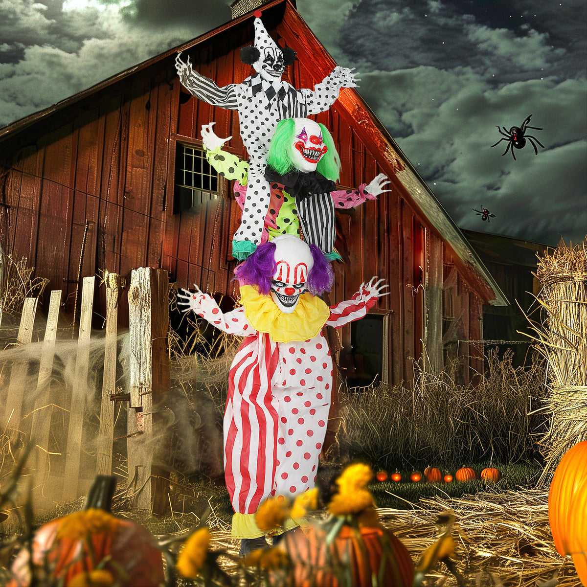 Stackable Halloween animatronic clowns with glowing red eyes for indoor party props (2)