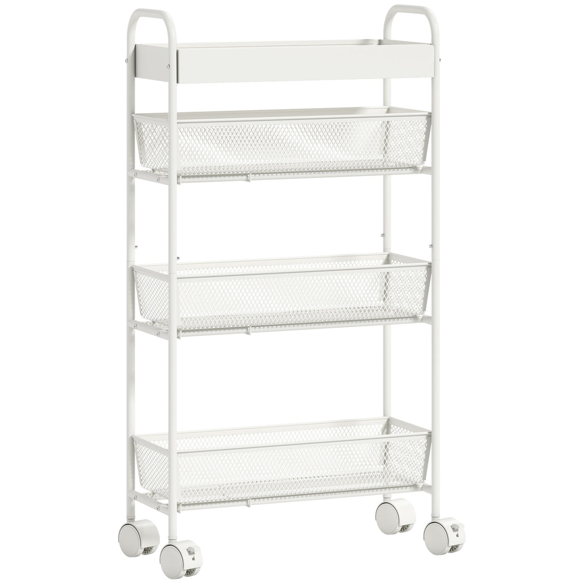 Metal kitchen trolley, 3 baskets, narrow design, 4 wheels, for kitchen, living room, bathroom, white