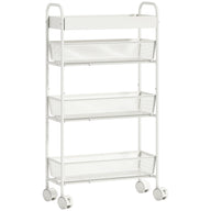 Metal kitchen trolley, 3 baskets, narrow design, 4 wheels, for kitchen, living room, bathroom, white
