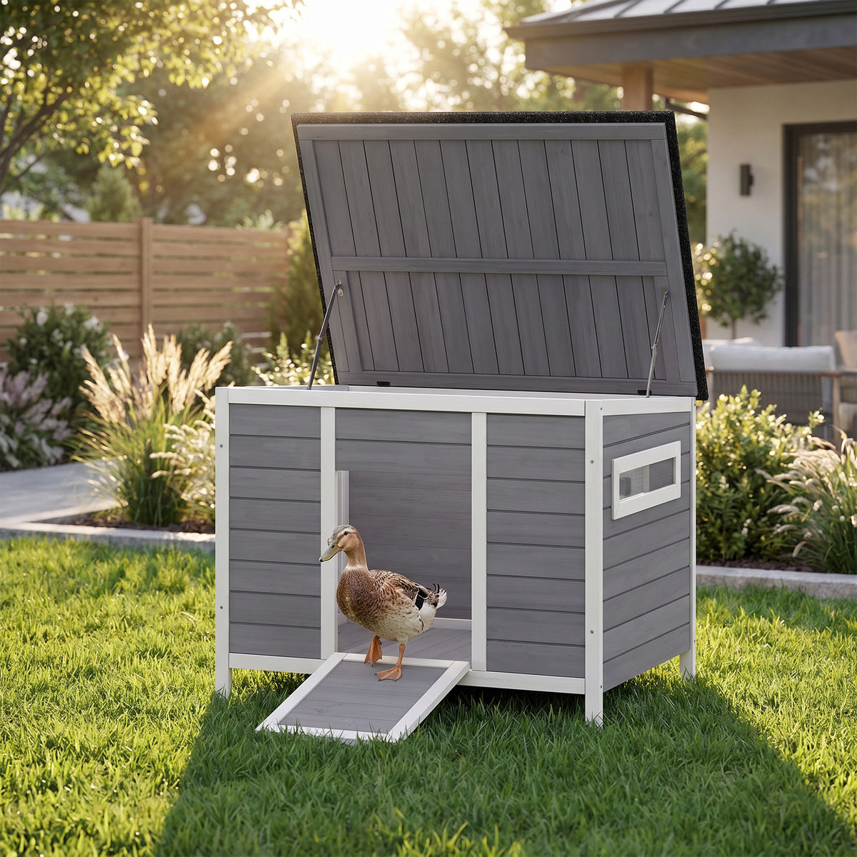 Weatherproof duck coop, wooden duck house with removable floor, sliding window, hinged roof, asphalt roof (2)