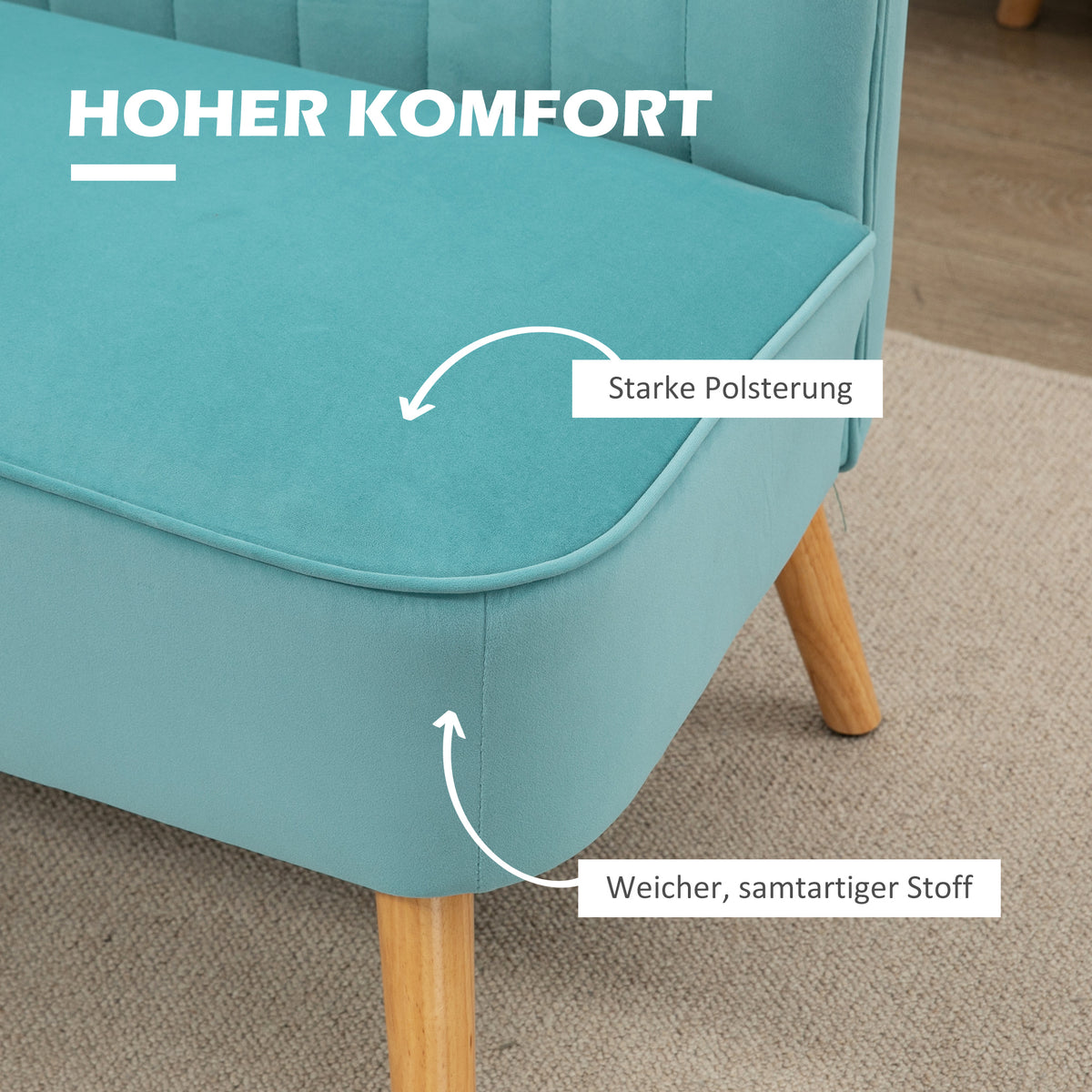 Retro design 2-seater sofa, wooden legs, 117 cm x 56.5 cm x 77 cm, green (4)