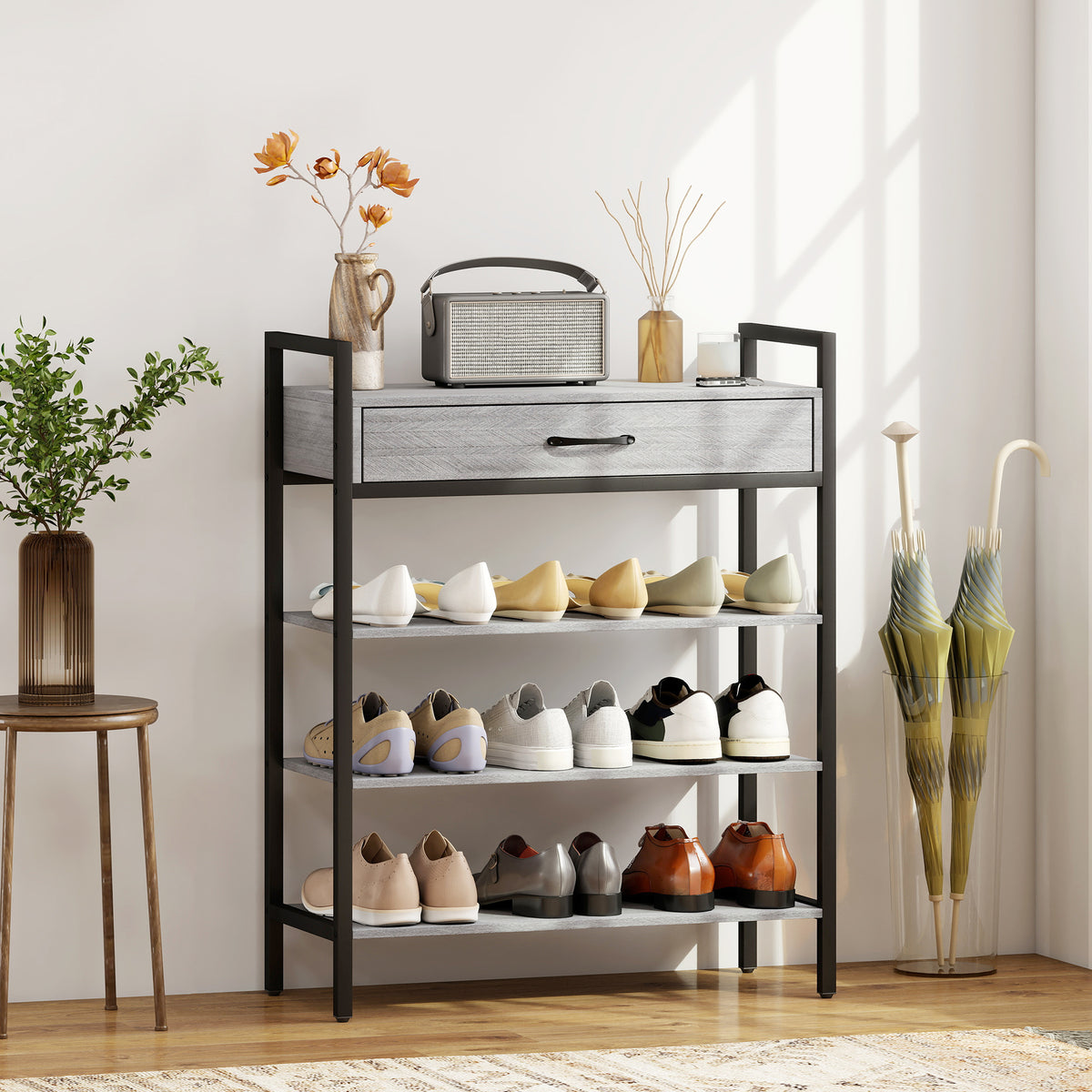 4-tier shoe rack, hallway shelf for up to 9 pairs of shoes, particle board, metal, gray (2)