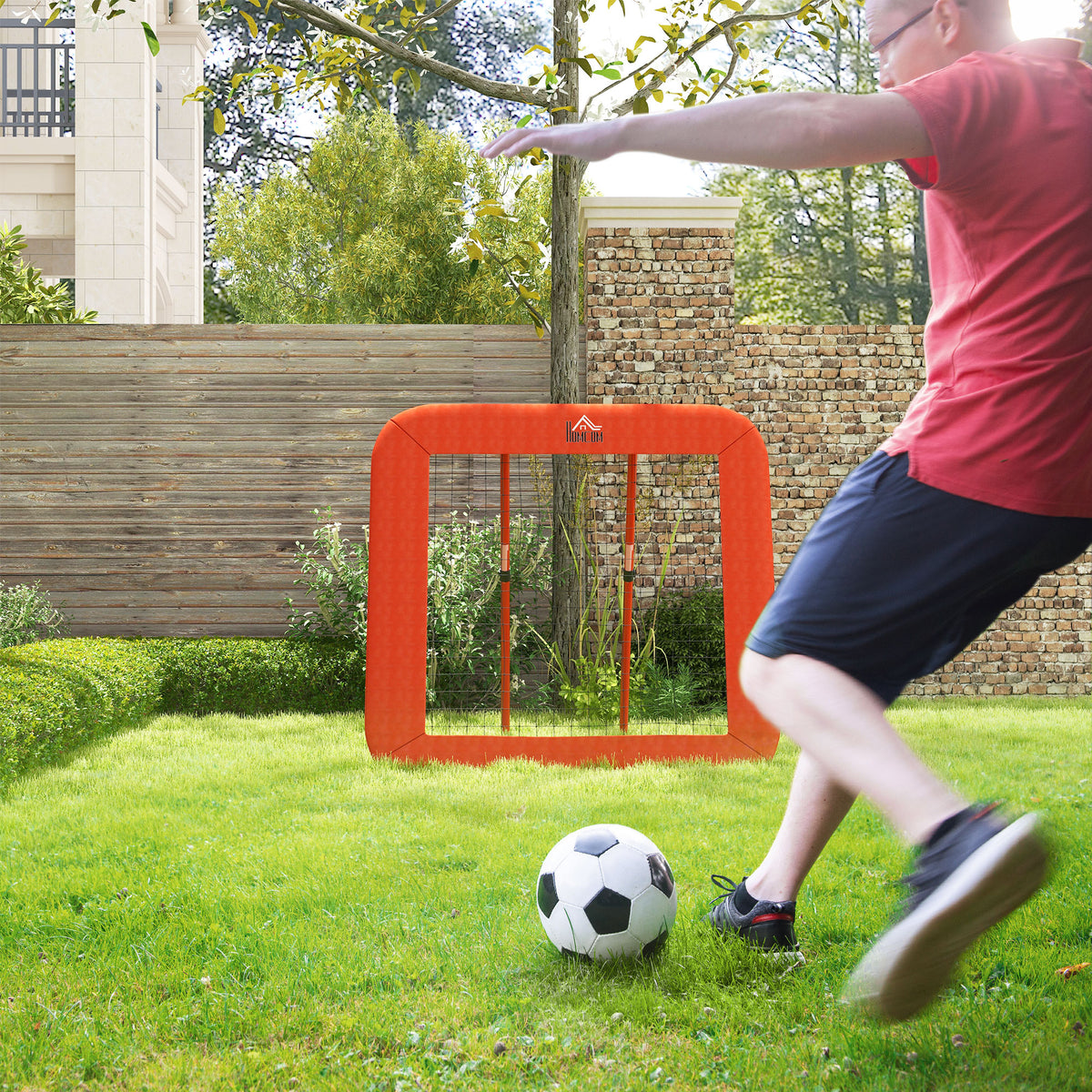 Soccer rebound net, adjustable, foldable, metal frame, all-weather PE net, incl. ground stakes, red (2)
