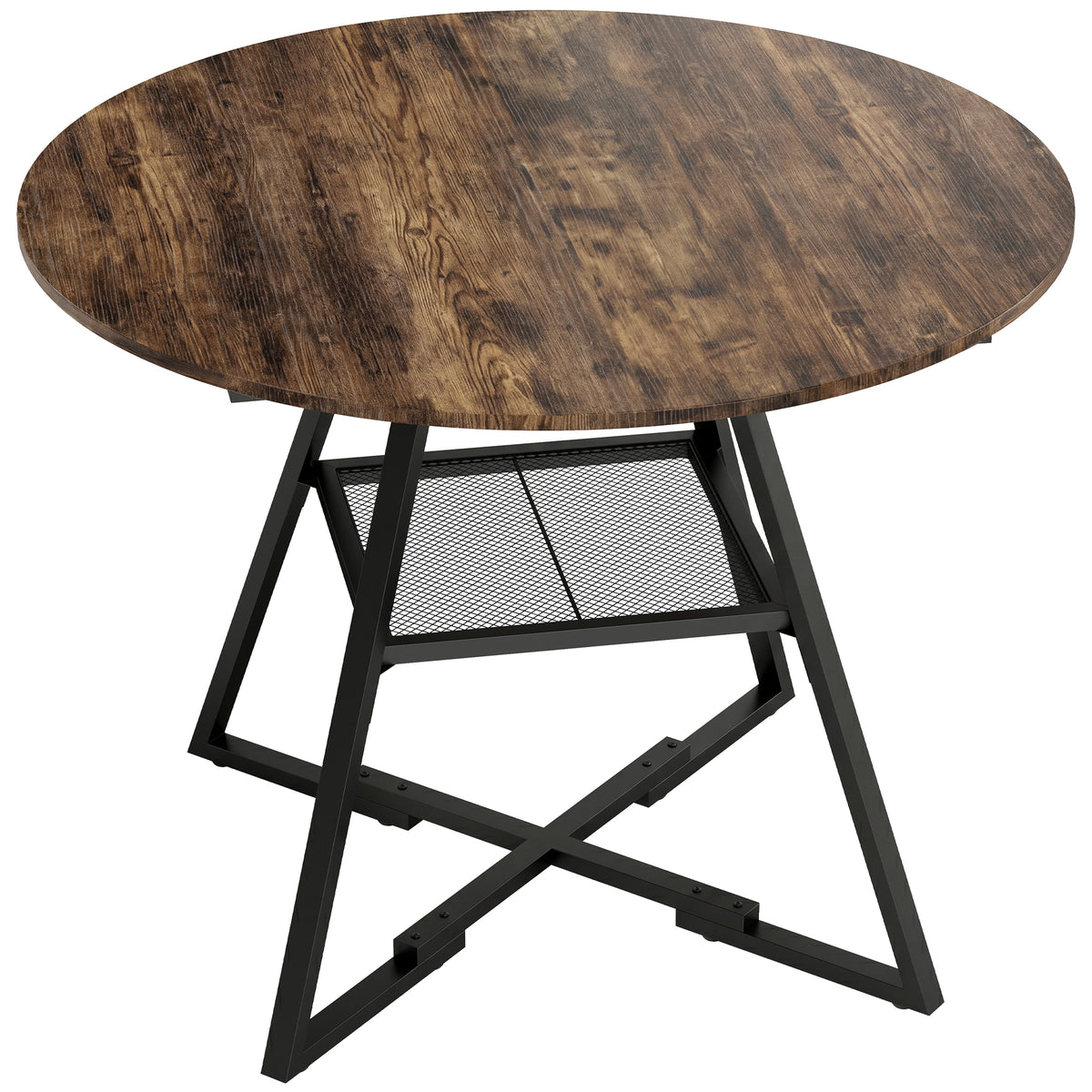 Dining table for 4 people, 100 cm round industrial kitchen table with storage shelf, wood-look tabletop, rustic