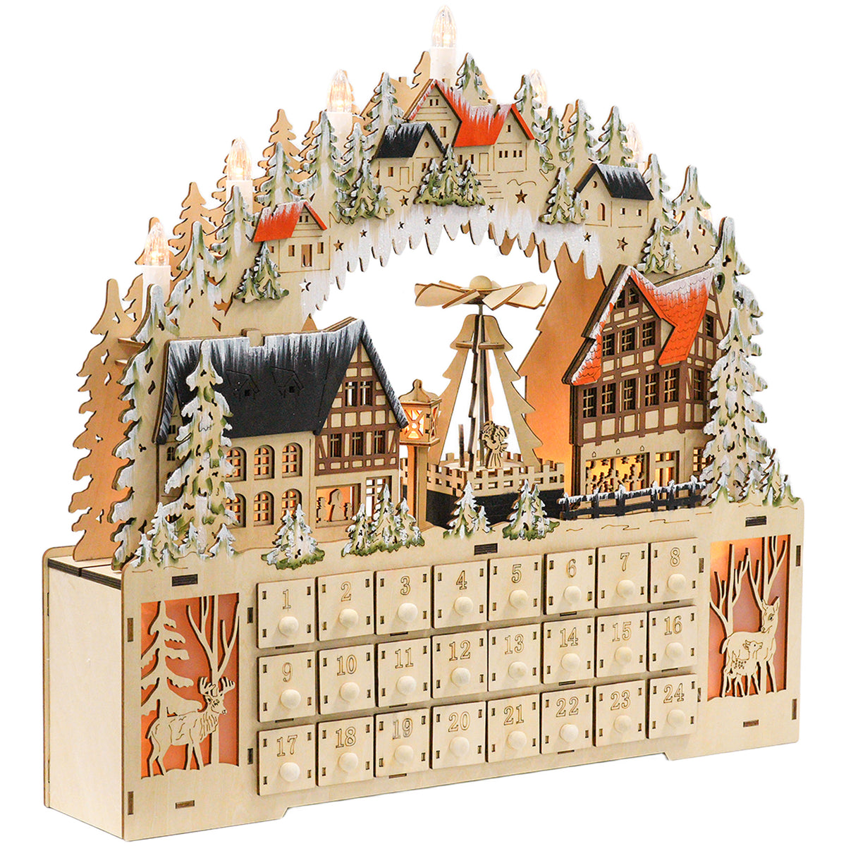 Advent calendar, Christmas village, 18 LEDs, 24 drawers, reusable, 45 x 9 x 42.5 cm