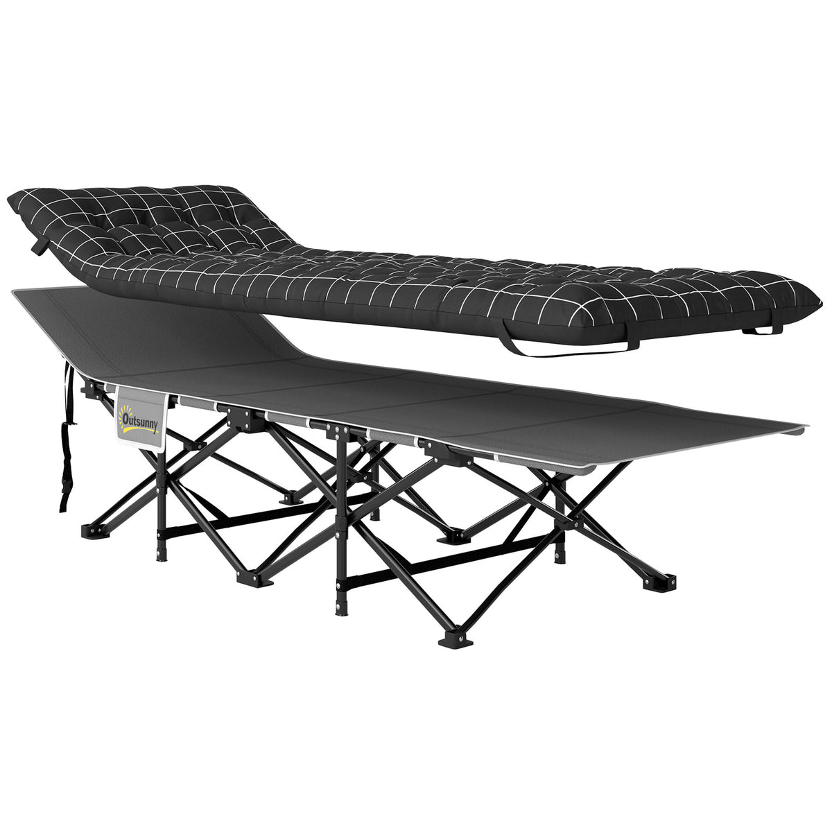 Foldable camping bed, cot with mattress, ergonomic, metal frame, black