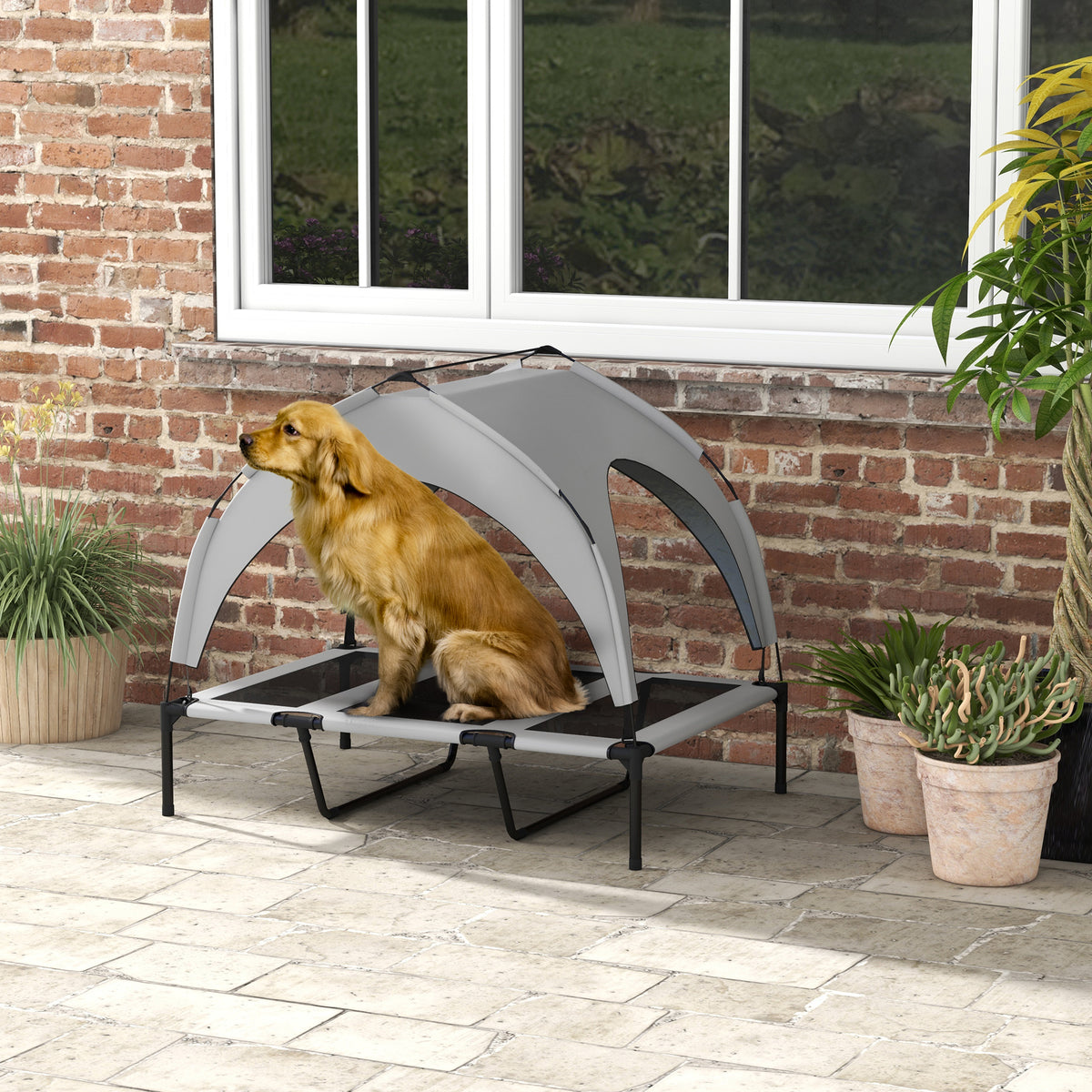 Dog bed outdoor dog bed, weather-resistant, raised frame, 106 x 76 x 94 cm, light grey (2)