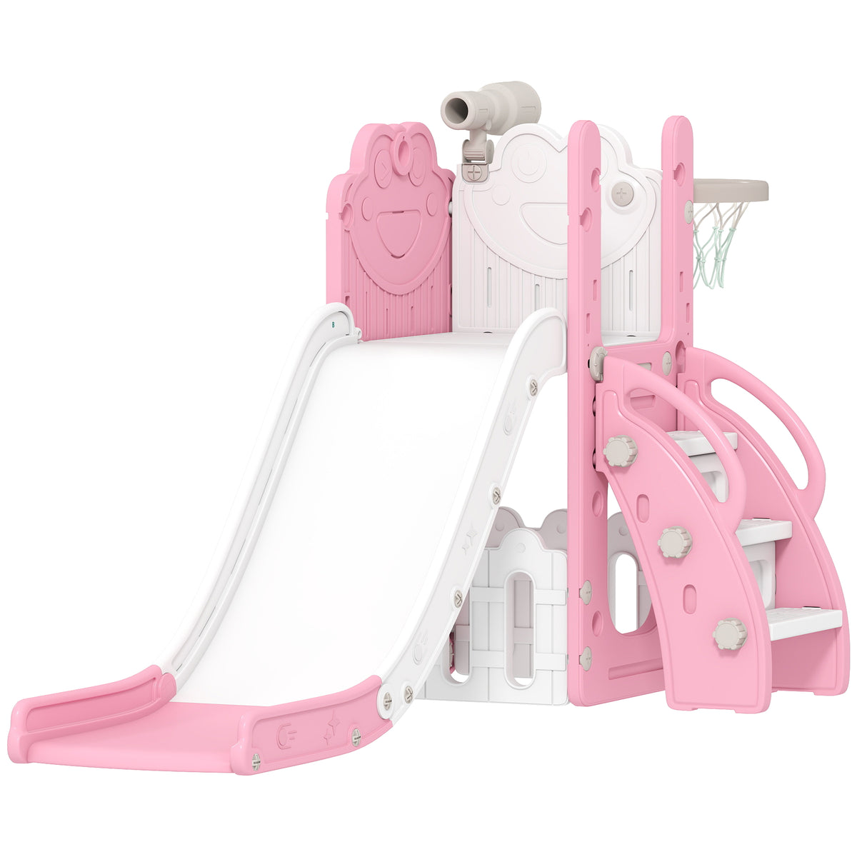5-in-1 children's slide set, telescope, basketball hoop, HDPE, plastic, pink+white