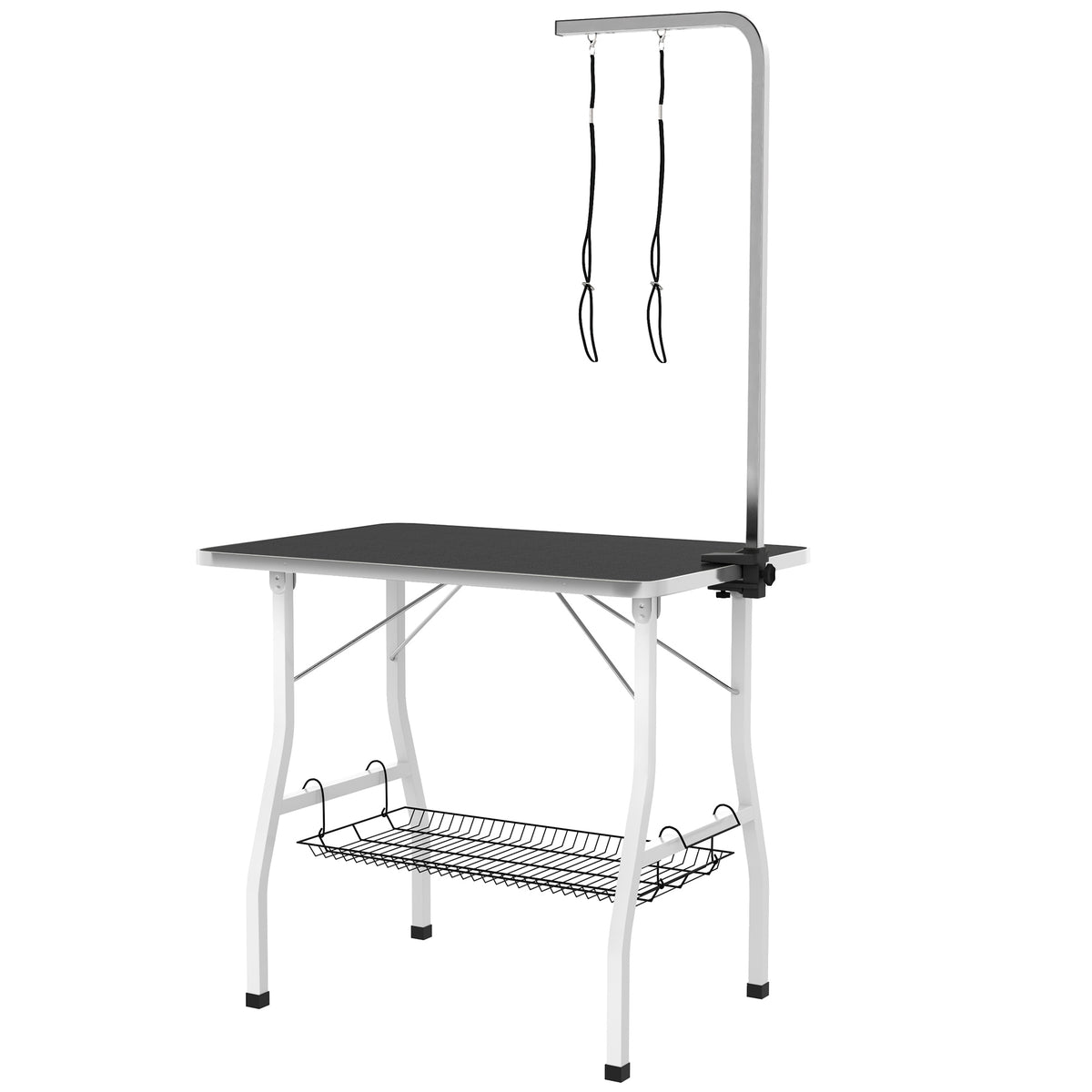 Dog grooming table, styling table with adjustable arm, storage tray, rubber surface, 90 x 60 x 76 cm, black