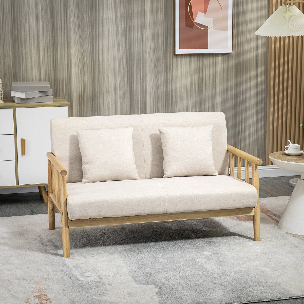 2-seater sofa, linen-look fabric upholstery, compact, up to 200 kg, wooden frame, 123L x 69W x 74H cm, beige (2)