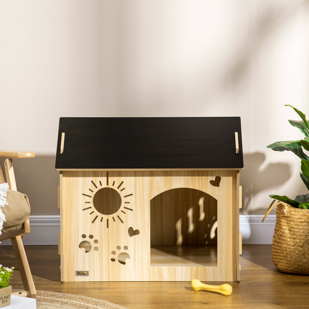 Dog house, with ventilation openings, weatherproof, wooden material, black+wood color, 69 x 50 x 58.5 cm (2)