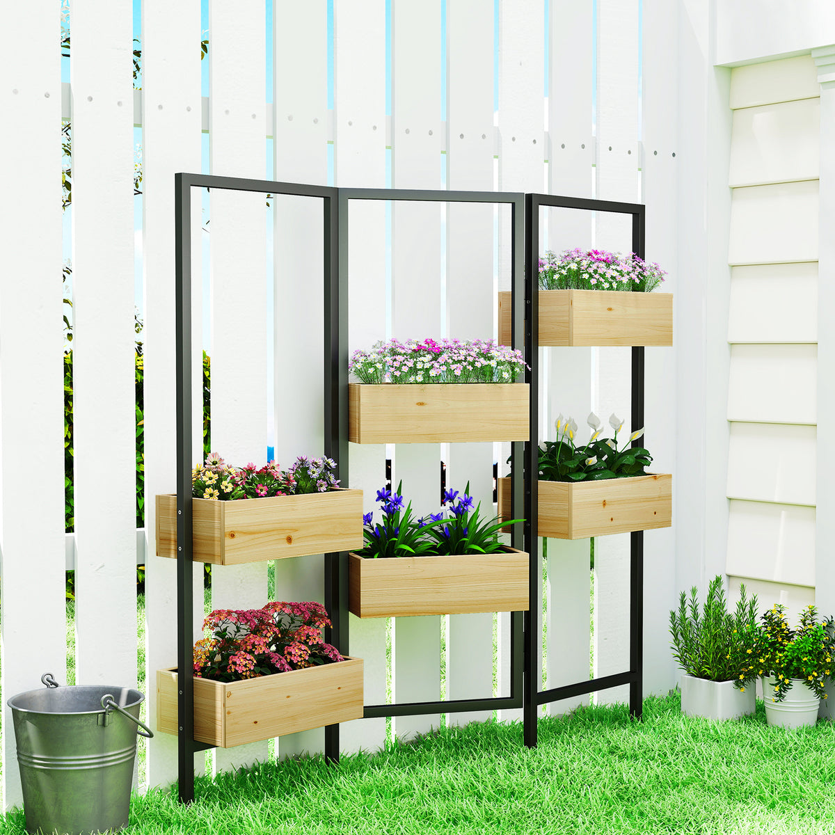 Flower box with privacy screen, raised bed with foldable trellis, 6 planter boxes with drainage holes, steel (2)