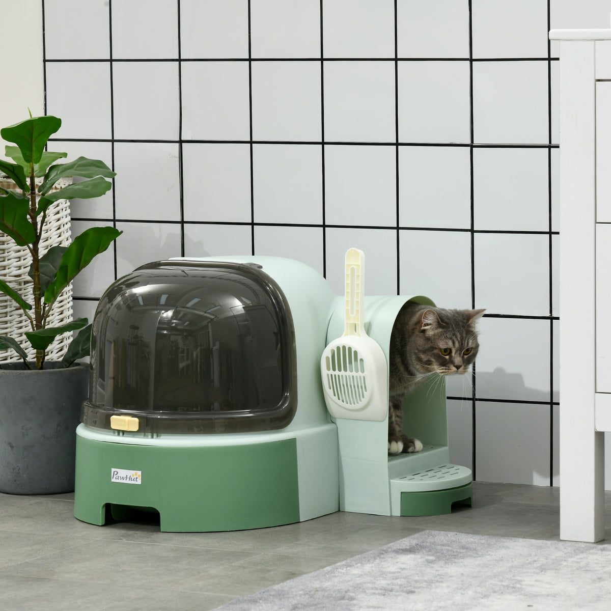 Cat litter box, 2 pull-out trays, 1 scoop, litter collection compartment, removable hood, green + black (2)