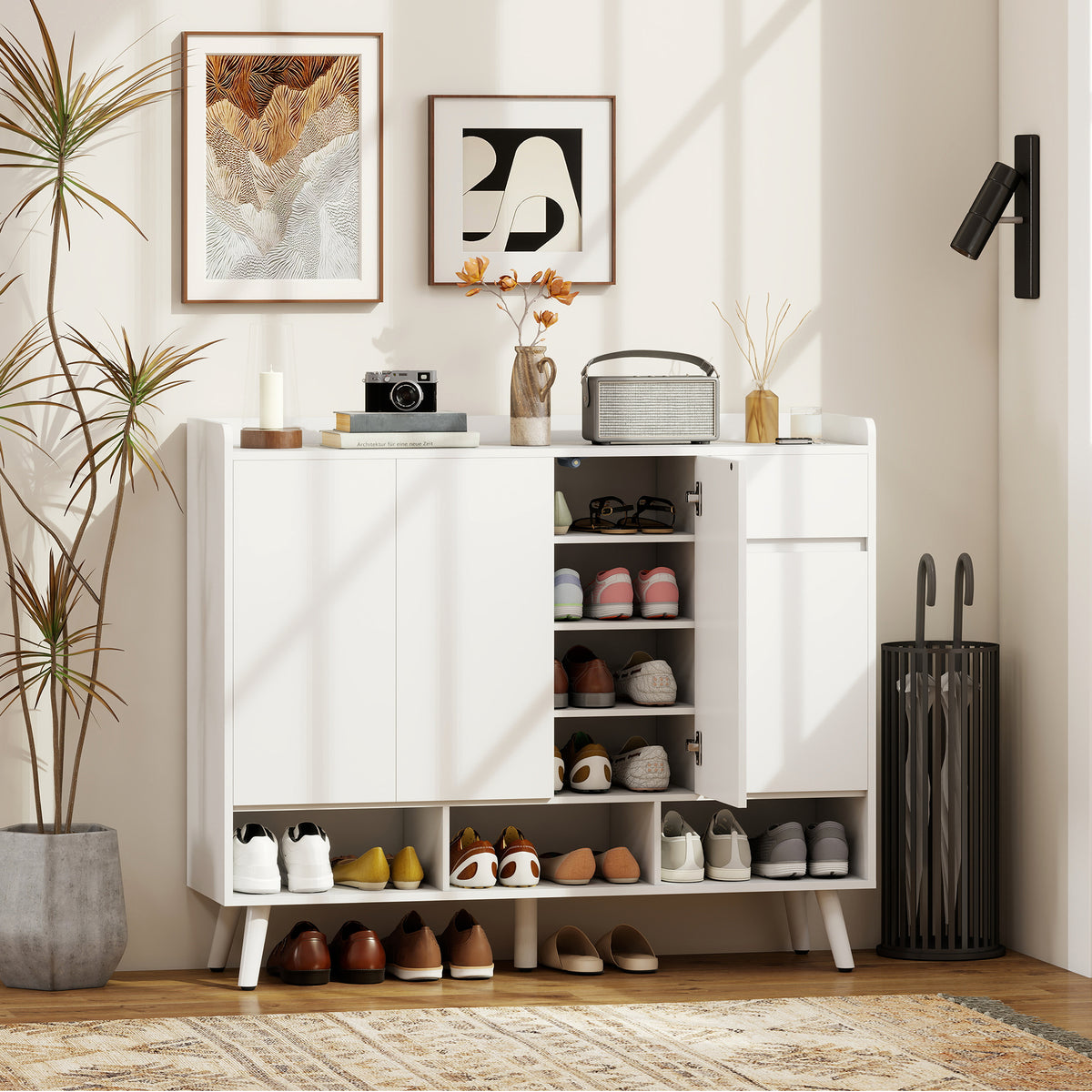 Shoe cabinet with handleless design, 4 doors, 4 adjustable shelves, freestanding shoe rack with 5 wooden legs (2)