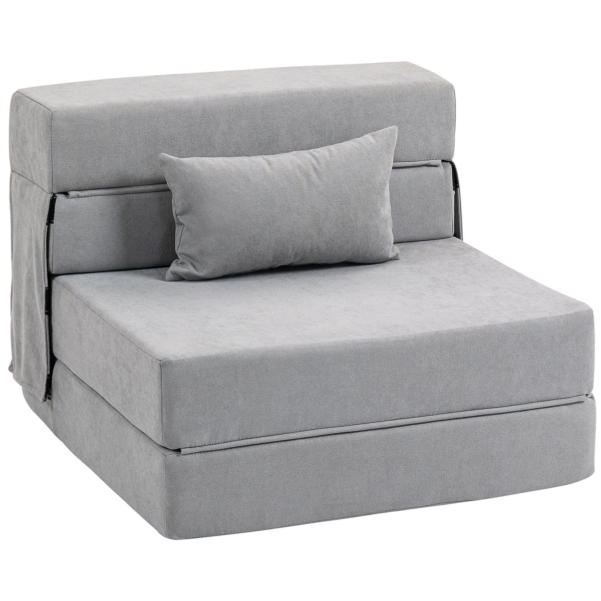 Floor sofa, upholstered couch, convertible into a mattress, foam, cushions, light grey