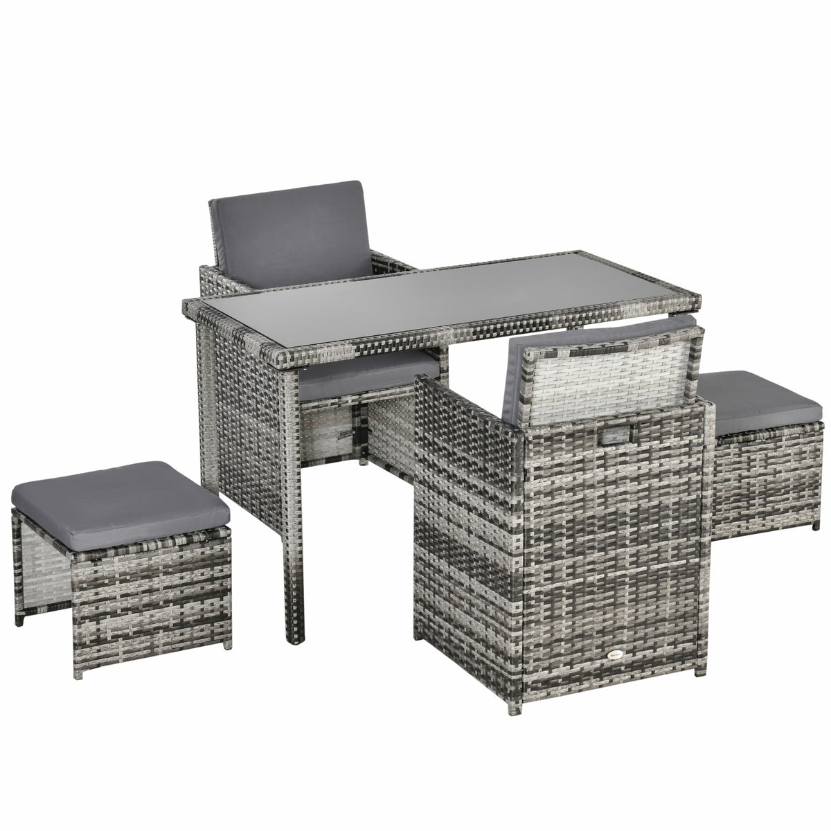 Poly-rattan dining set for 4 people, garden furniture set with cushions, grey