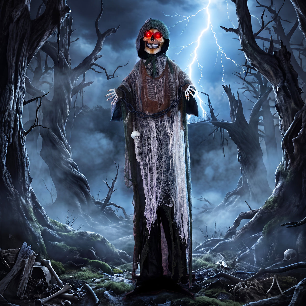 Animated Grim Reaper, 170 cm, life-sized Halloween animatronic with moving hands/head, glowing eyes and creepy (2)