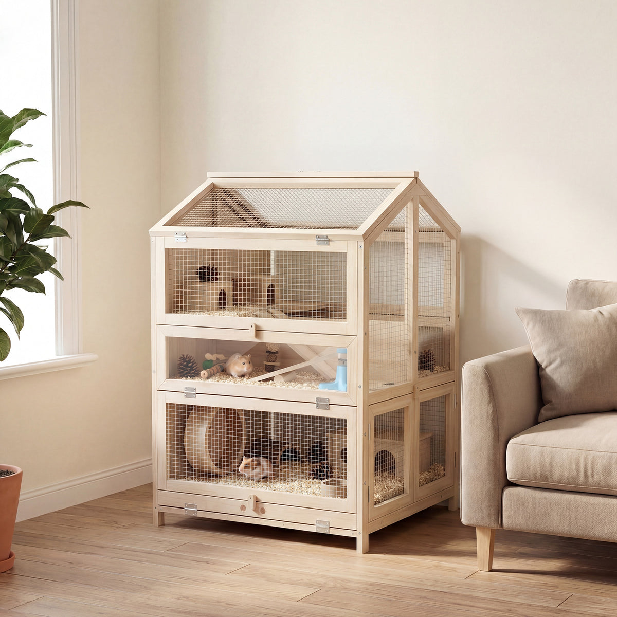 Hamster cage pine wood 3 levels rodent cage small animal cage with huts seesaws ramps water bowls 68x61.5x90 cm (2)