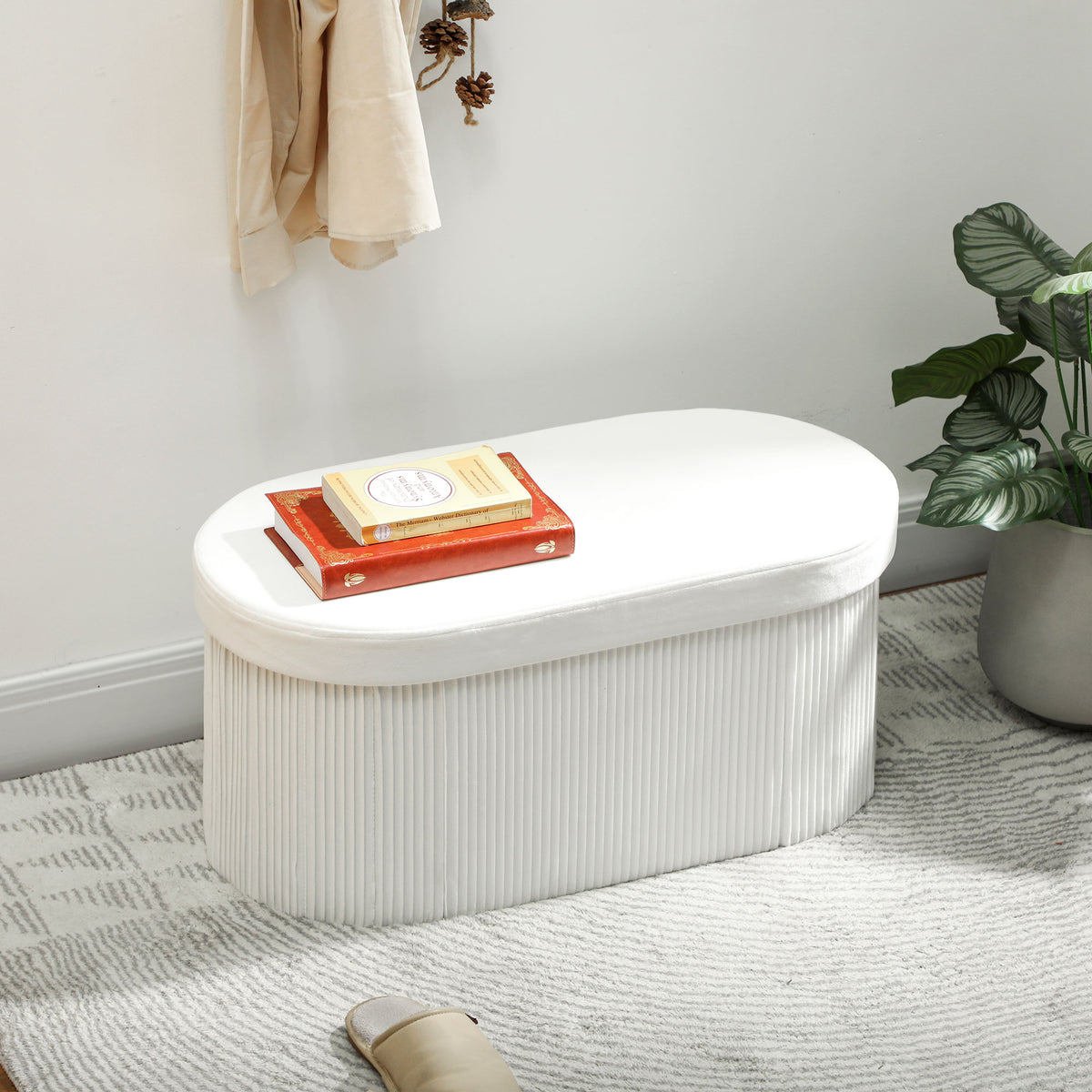 Foldable storage bench, upholstered bench with velvet look for living room, 76 x 38 x 35 cm, cream (2)