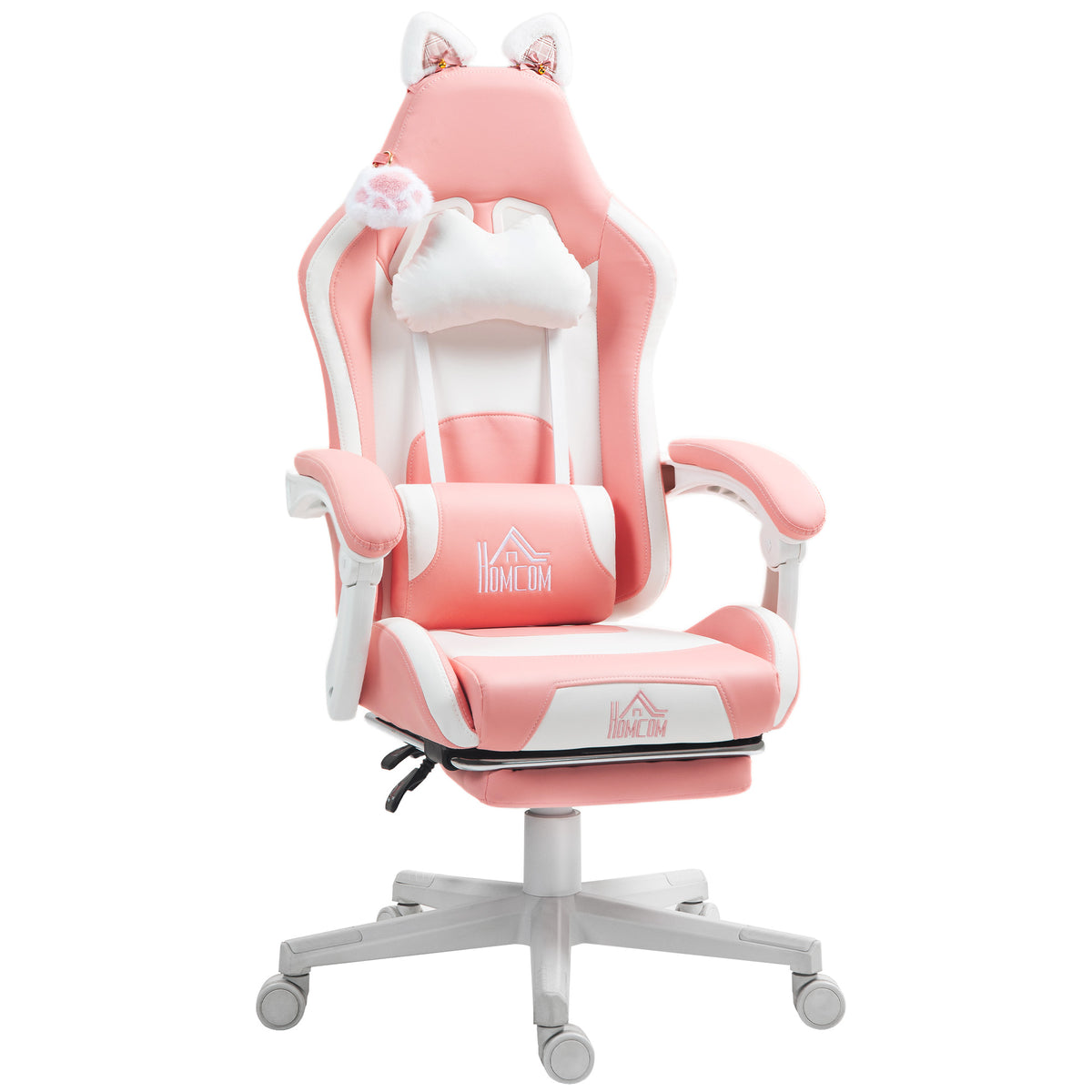 Gaming chair with cat ears, reclining backrest, retractable footrest, up to 120 kg, pink/white