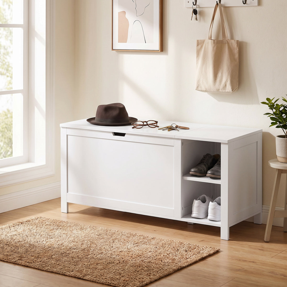 Shoe bench with adjustable shelf and tilt-out compartment, shoe storage bench, white (2)