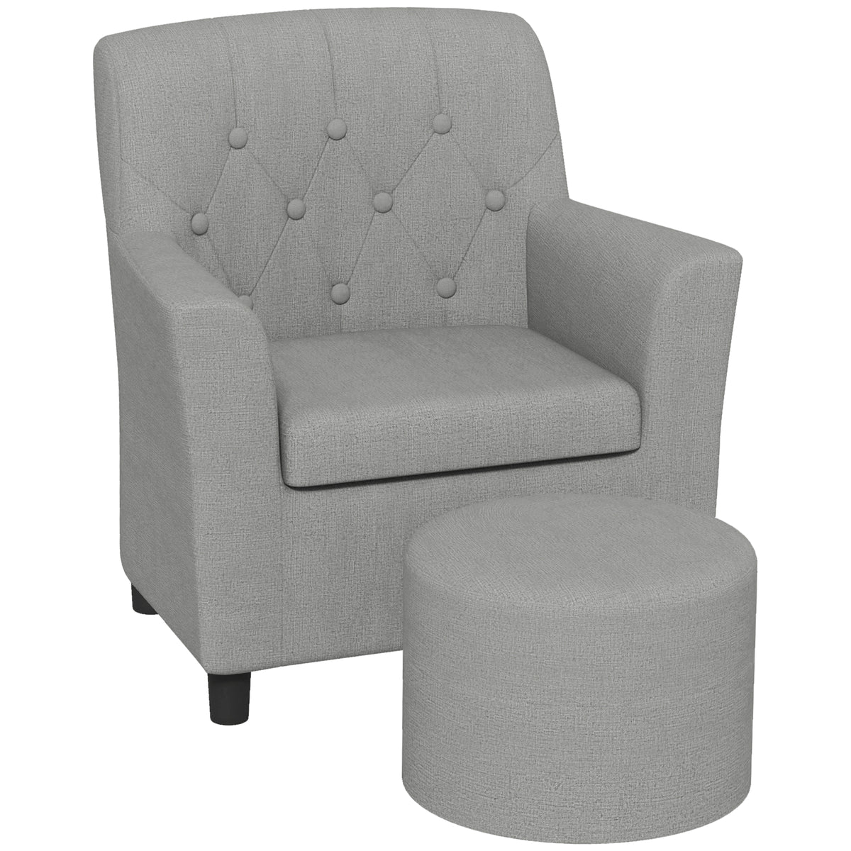 Children's armchair with footstool, diamond pattern backrest, soft seat, wooden frame, grey