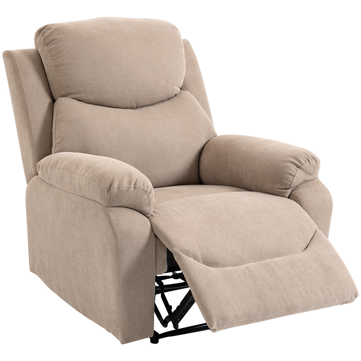 Manual recliner, modern armchair in linen-look fabric with thick padding, padded armrests and footrest, beige