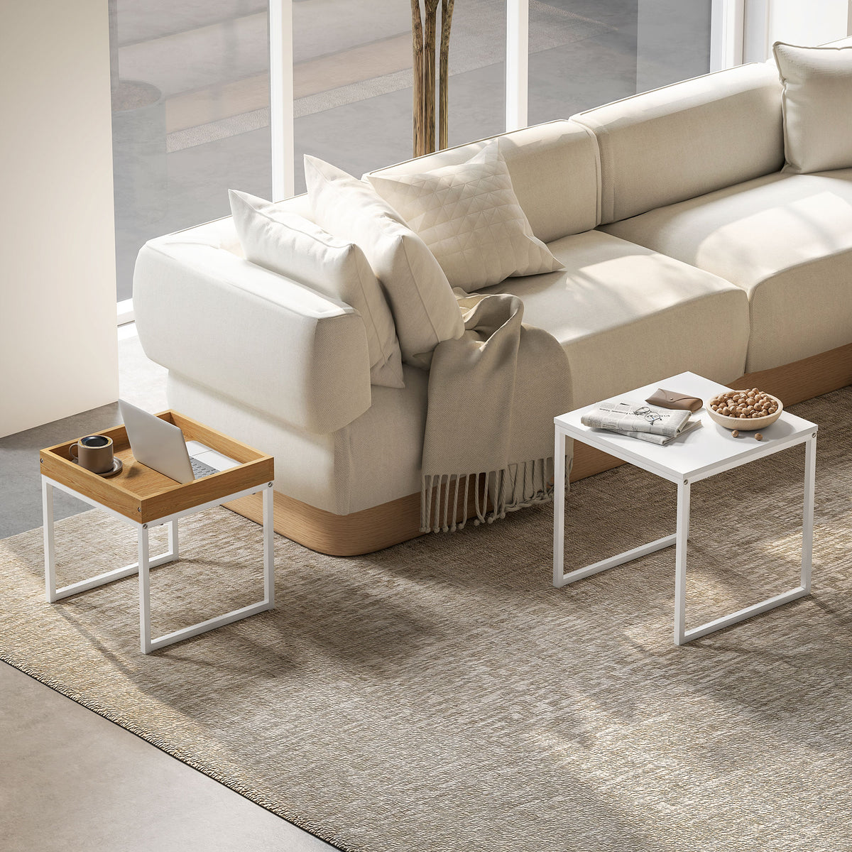 Modern coffee table, set of 2 nesting tables, for small spaces, square, MDF, metal, white (2)