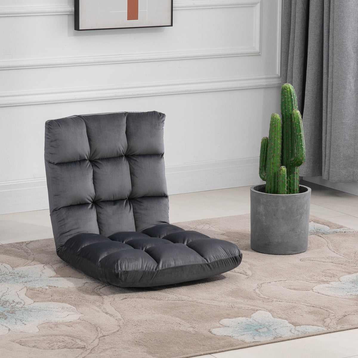 Armchair guest mattress floor chair, adjustable backrest, velour look, 55 cm x 71 cm x 53.5 cm, gray (2)