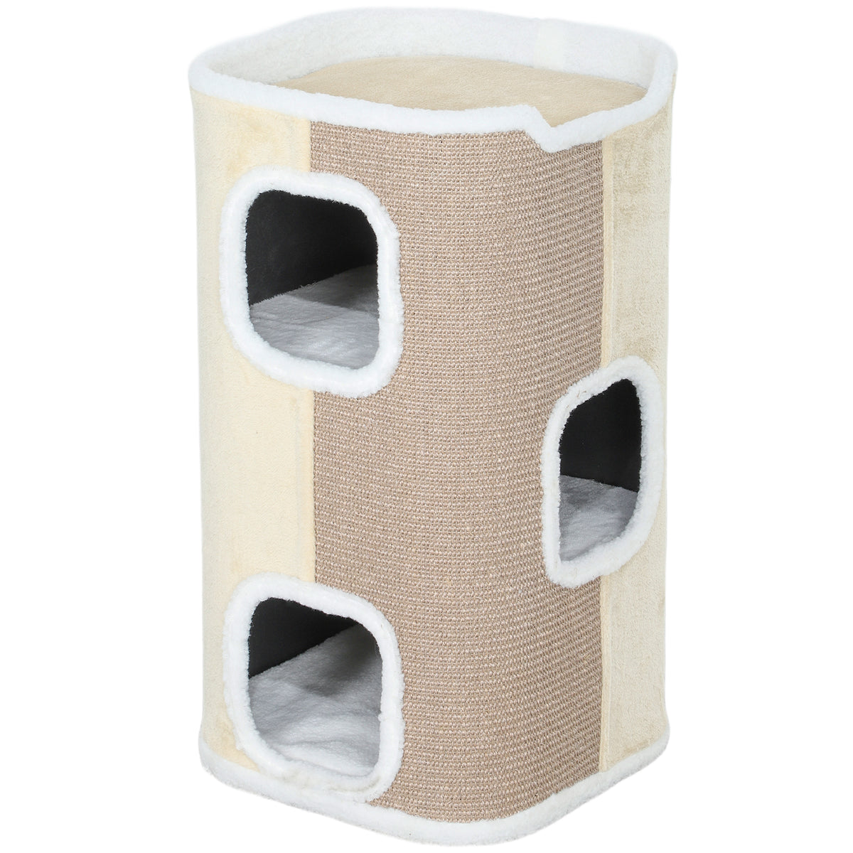 Scratching barrel for cats, cat tree, 3 levels, robust, soft plush, retreat, beige