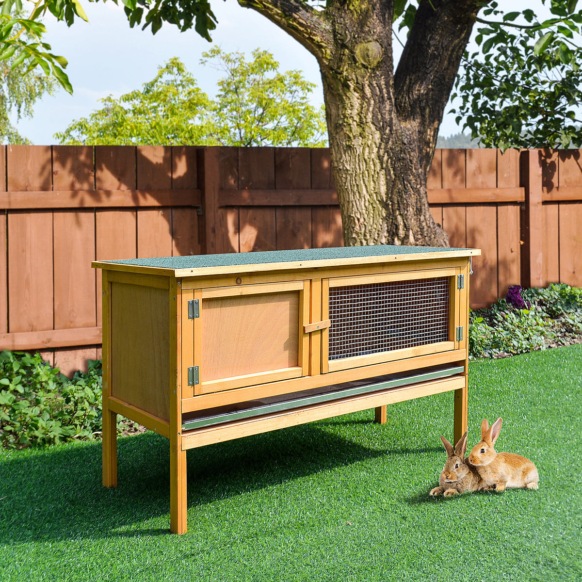 Wooden rabbit hutch with hinged roof, 2 doors, leak-proof tray, 115x44.3x65 cm light yellow (2)