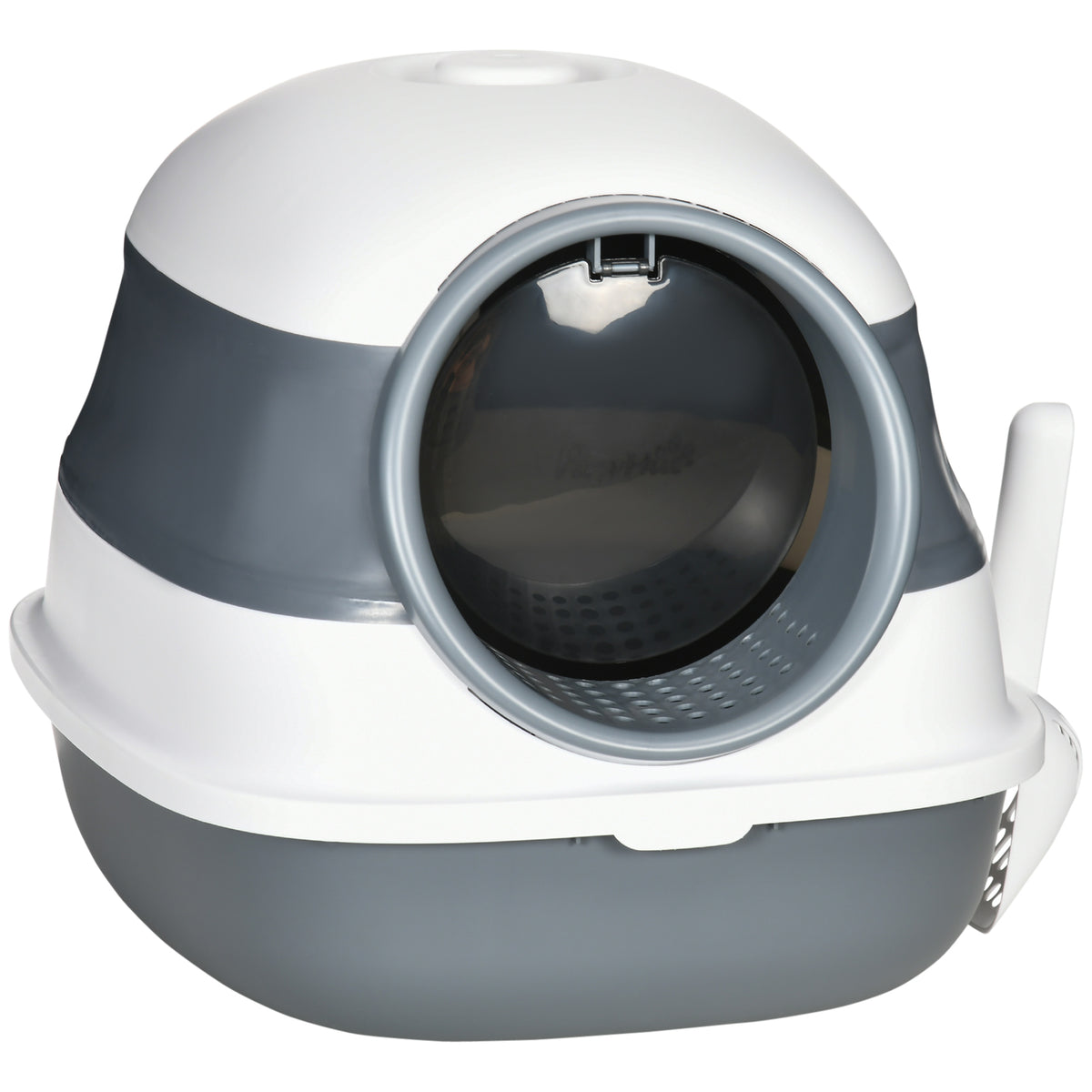 Cat litter box, with litter scoop, entrance with floor grid, removable lid, white+grey, 52 x 41 x 38 cm