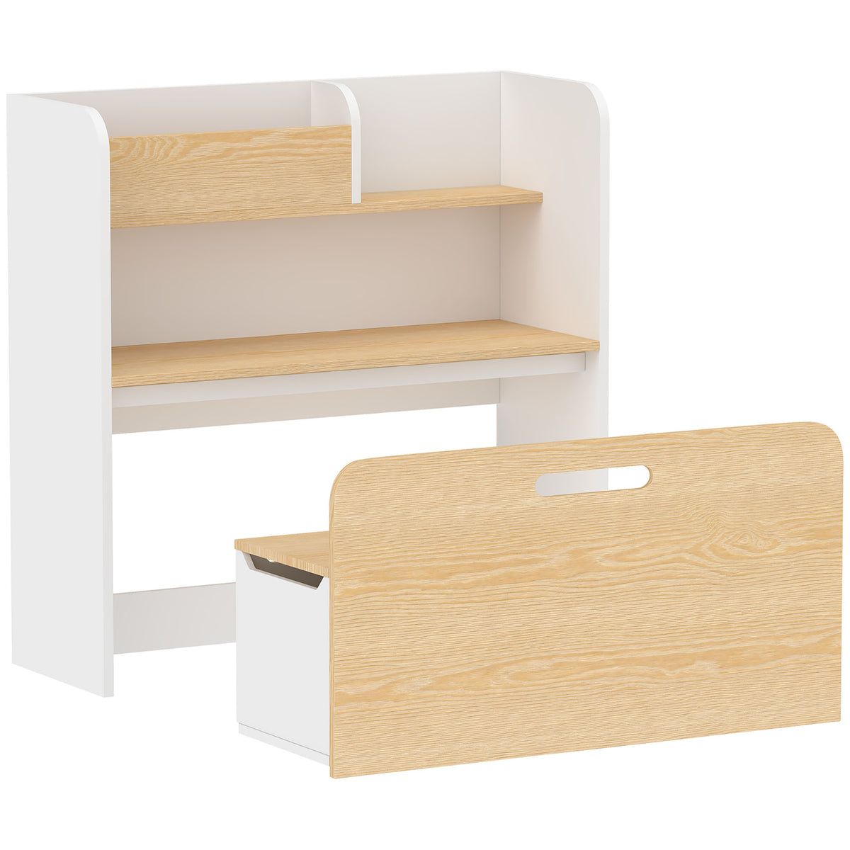 Children's table with bench, 5-in-1 children's furniture set with bookshelf, rolling toy chest bench with