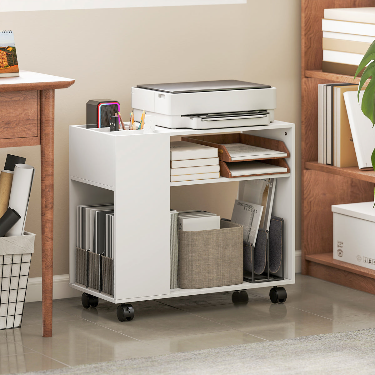 Printer Stand Printer Table with Divided Compartment, Storage Shelves for Office 70 x 34 x 60 cm White (2)