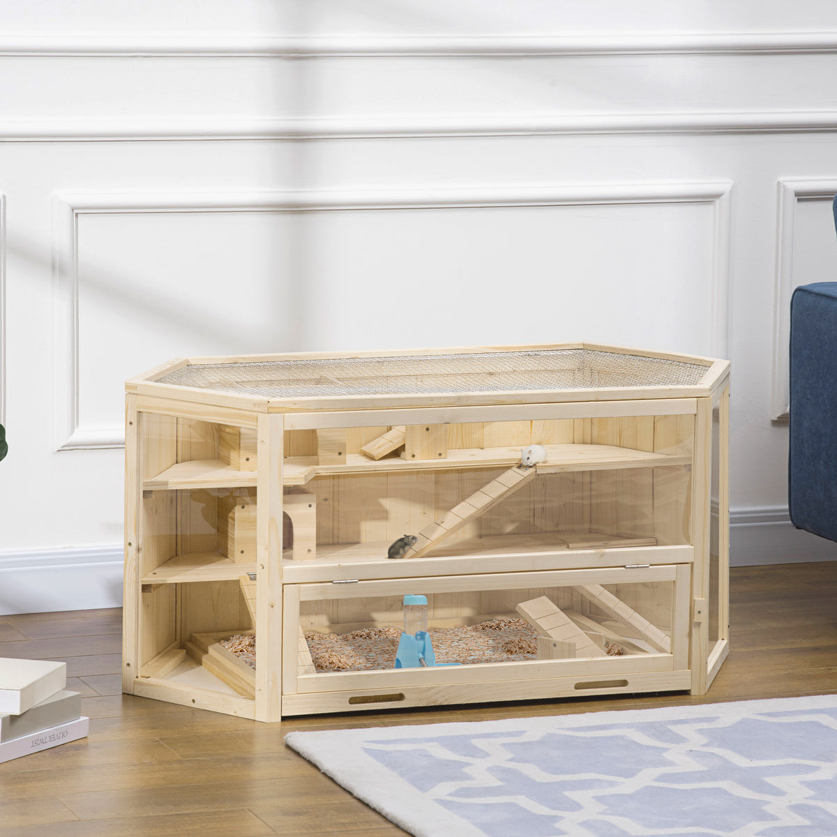 Small animal cage, rodent cage, rodent home with 1 ramp, 1 seesaw, removable base tray, fir wood, natural (2)