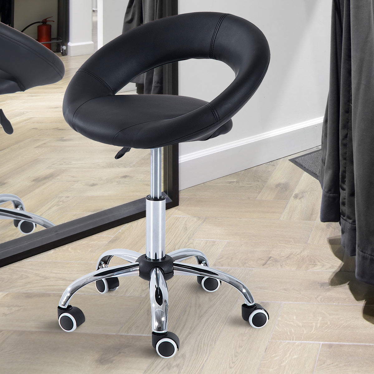 Rolling stool work stool swivel stool office chair height-adjustable, PU+metal, black, 50 x 54 x (66-78) cm (2)