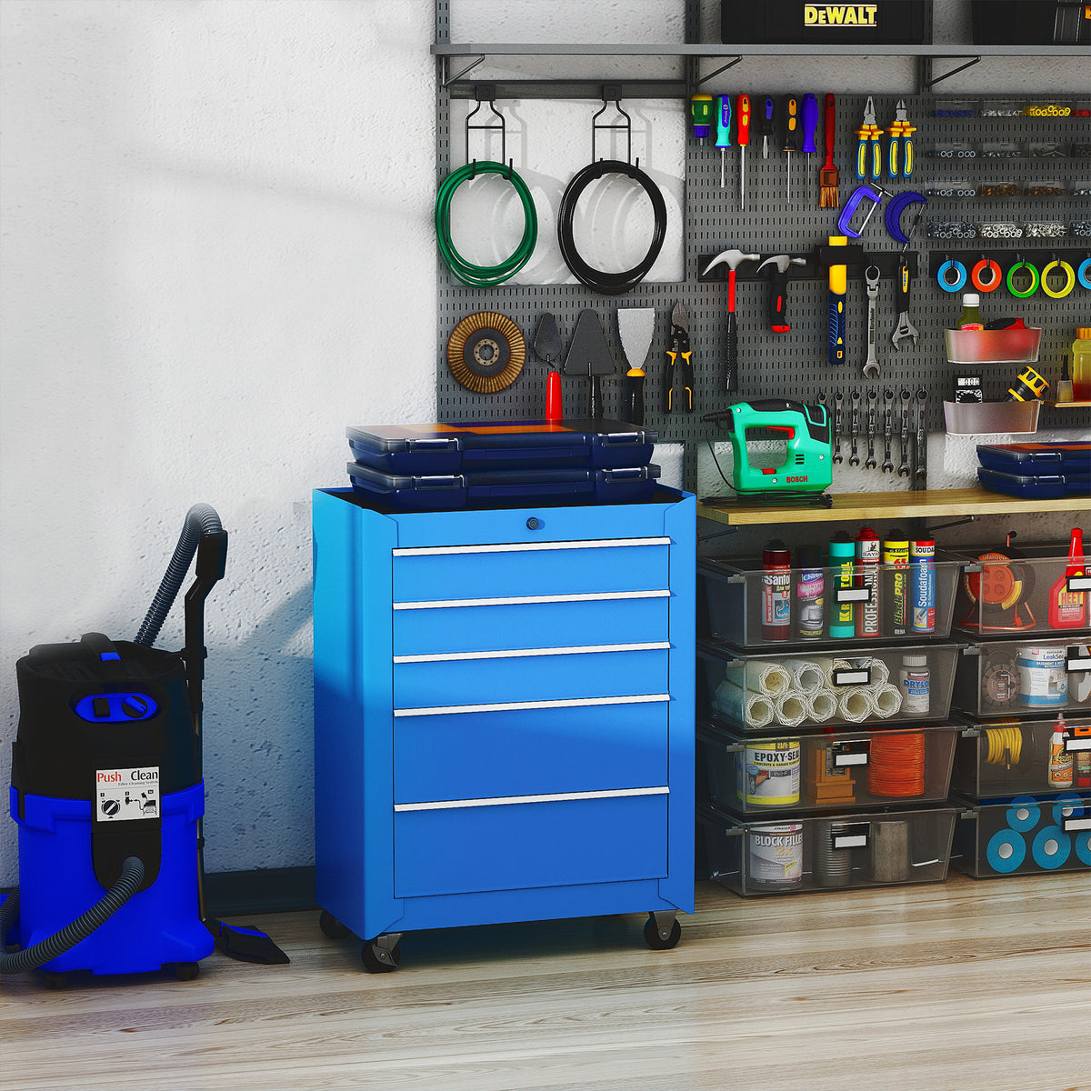 Tool cabinet, tool chest, 5 drawers, mobile, steel, blue (2)