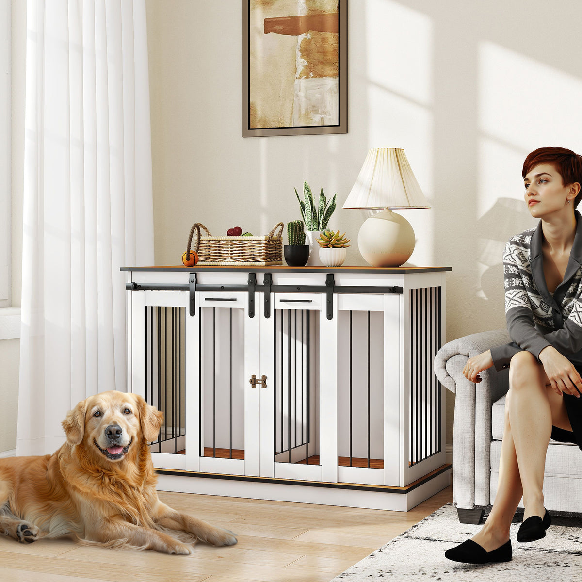 Dog crate with 2 doors, dog box, transport box for dogs, rustic design, lockable, white (2)