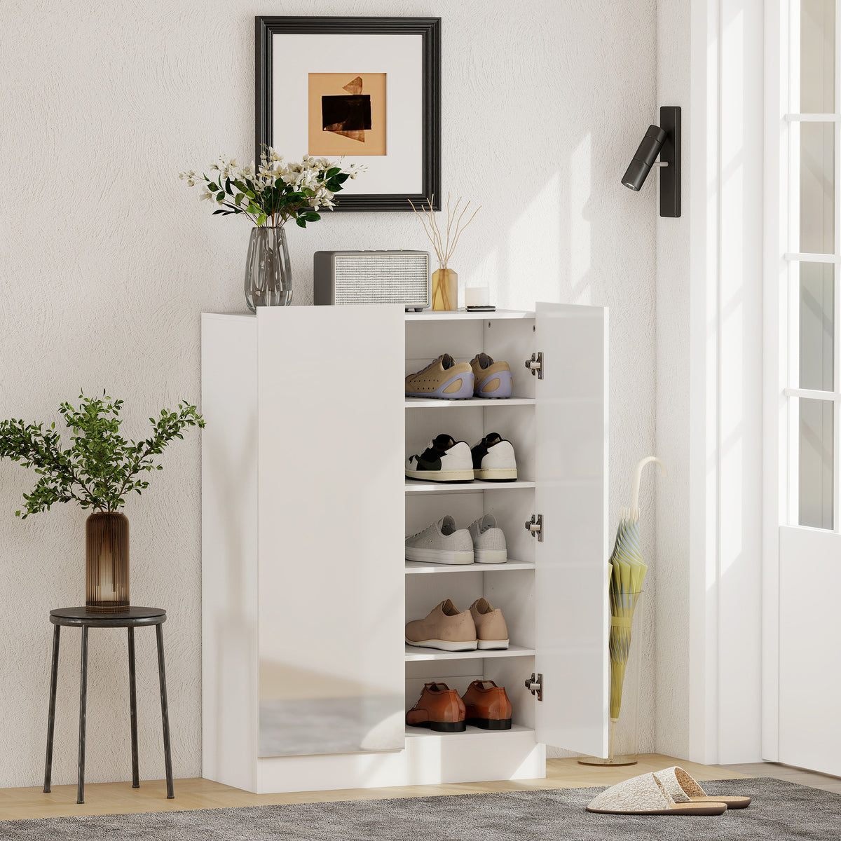 5-tier shoe cabinet for 20 pairs of shoes, adjustable shelves, for entrance area, hallway, white (2)