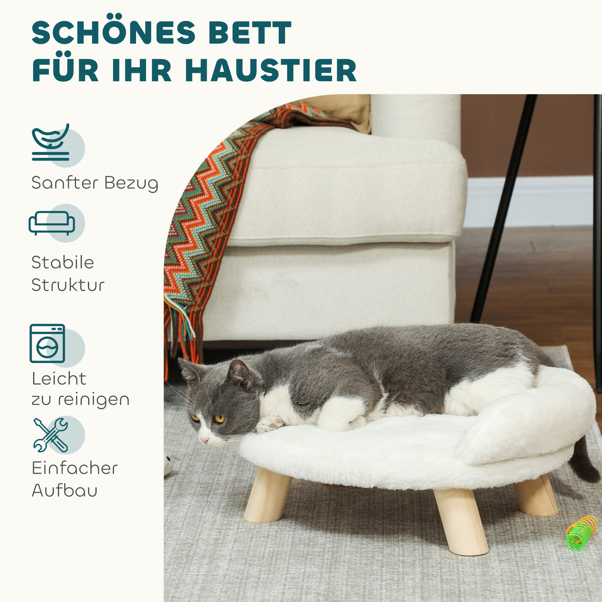 Pet bed for cats and dogs up to 5kg/30cm, washable plush cover, cream white, 47 x 40 x 20 cm (5)